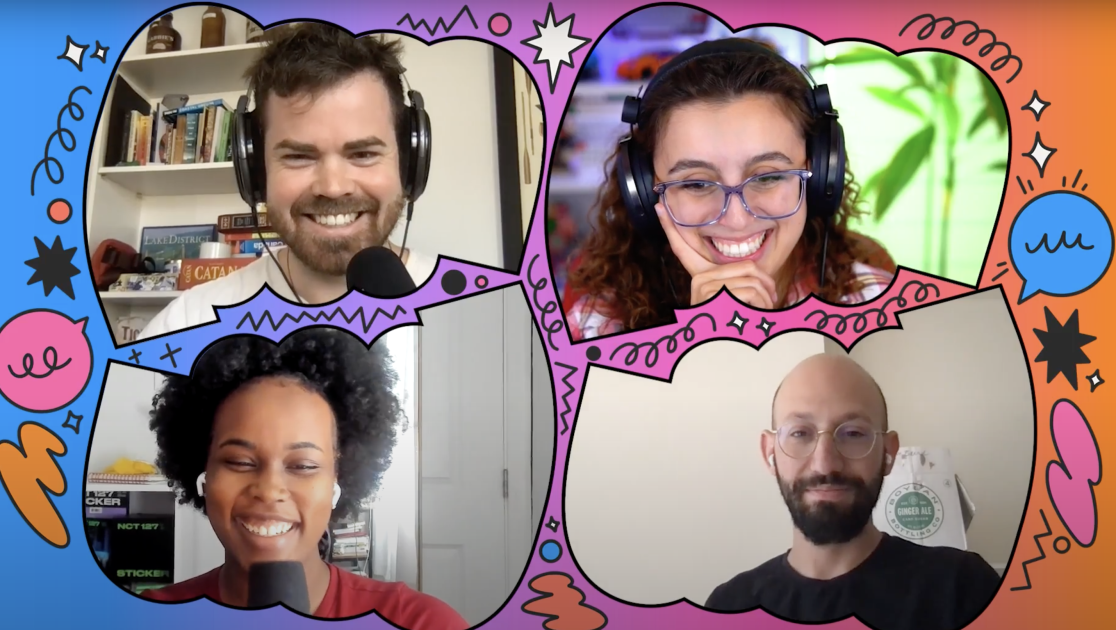 The four hosts of the podcasts talking on video